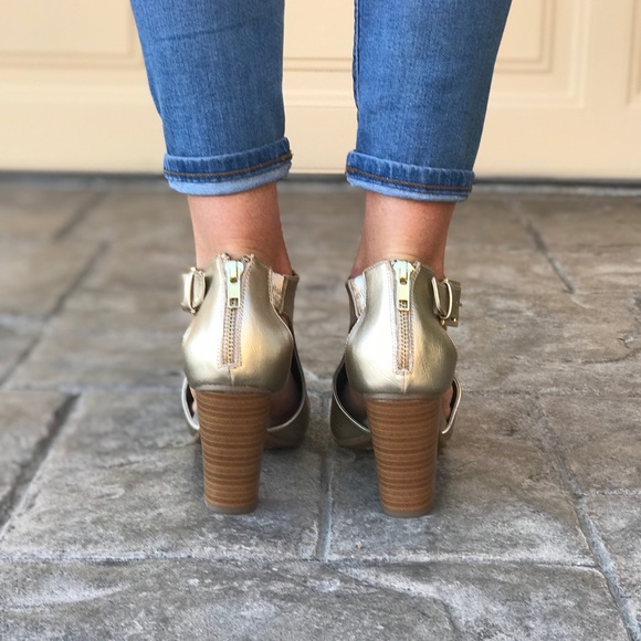 Metallic Gold Perforated Block Heel Peep Toe Boots - Picture 3 of 7